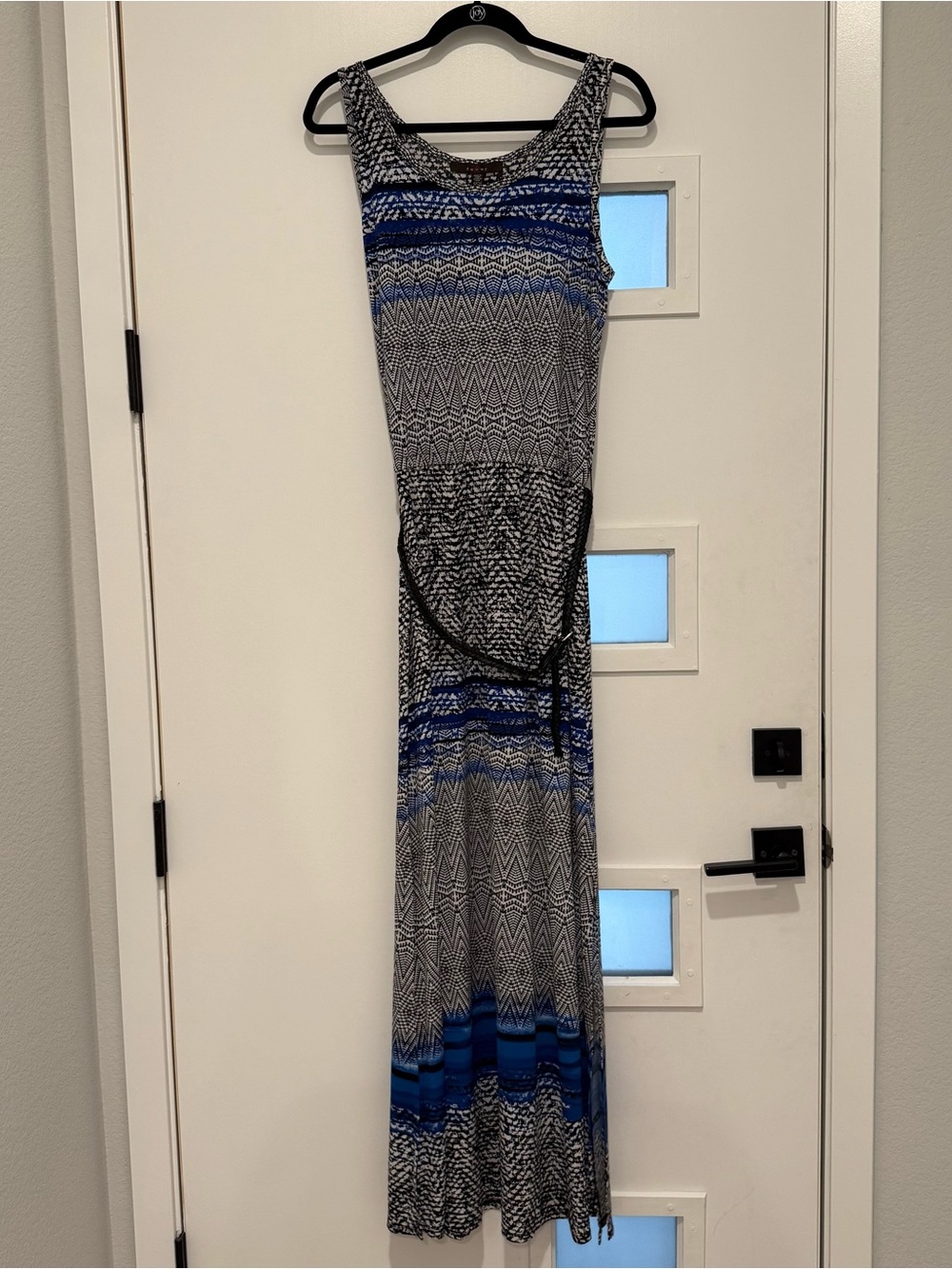 Fever Black & Blue Patterned Sleeveless Belted Maxi Dress